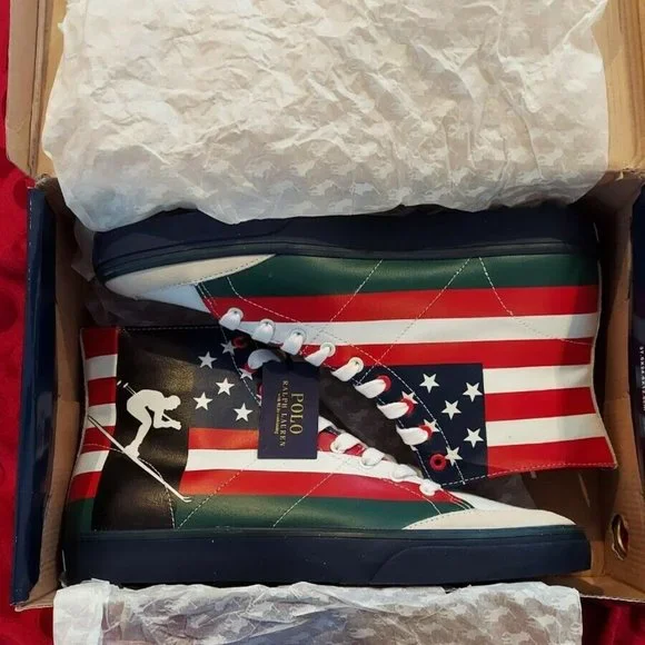 New Polo Ralph Lauren Solomon Canvas Shoes Suicide USA Flag Sui Ski Men's 14D - Picture 2 of 10